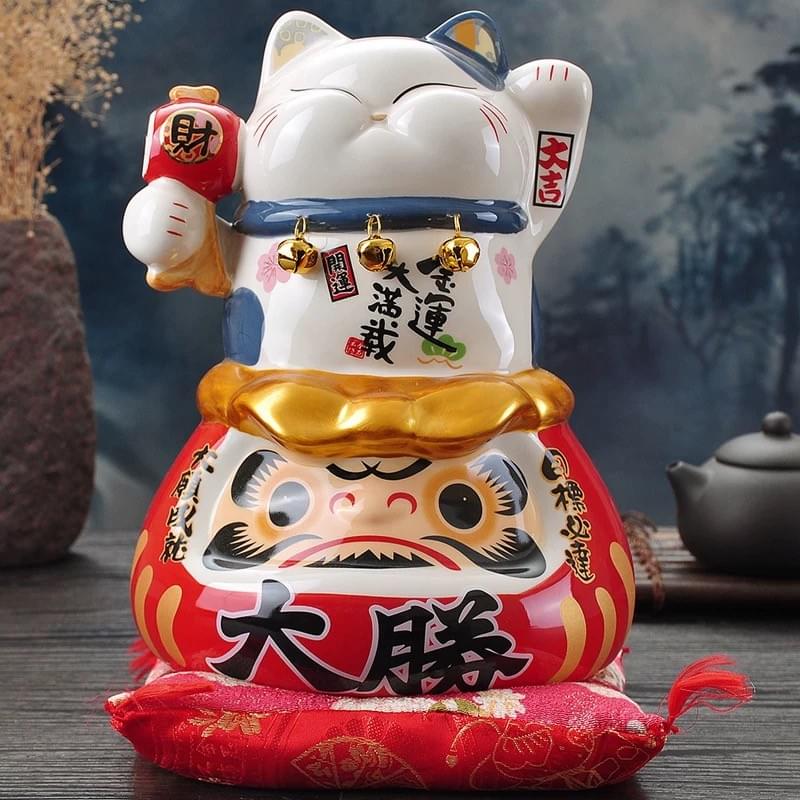 Japanese Lucky Dharma Cat Statue for Good Luck, Wealth, Feng Shui Home & Office Decor