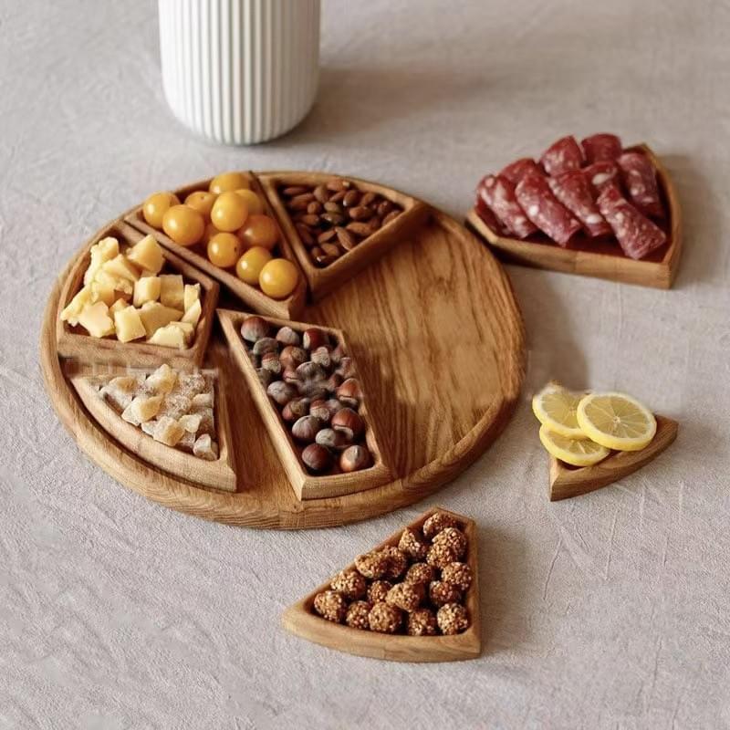 Pine Wood Detachable Divided Tray Irregular Round Plate for Fruit Dessert Cake Bread Dumpling