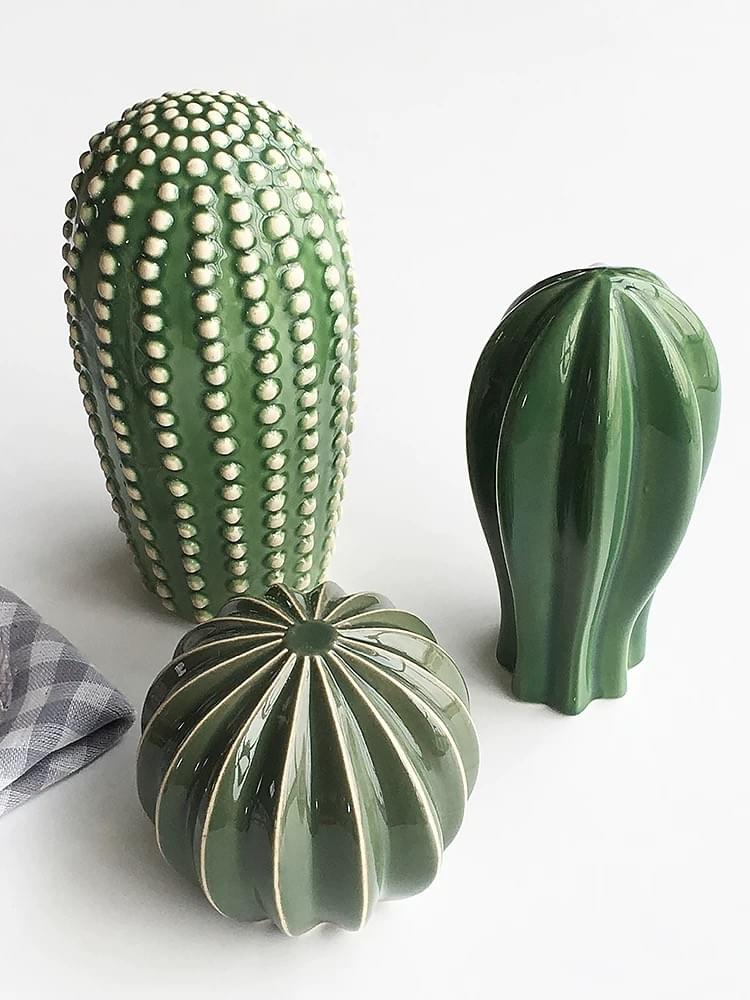 Ceramic Green Cactus Decor Set of 3 for Home, Bedroom, Hotel and Homestay