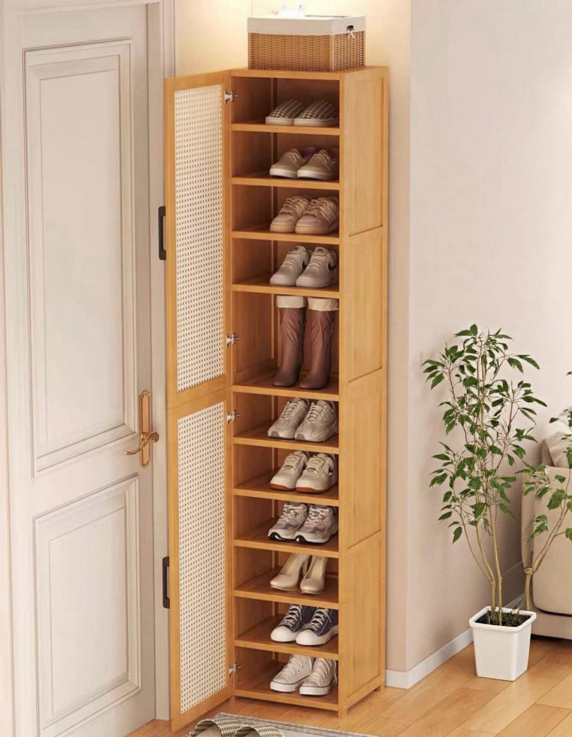 Tall Narrow Bamboo Shoe Rack, 3 Sizes Optional, Rattan Door Cabinet for Entryway Hallway