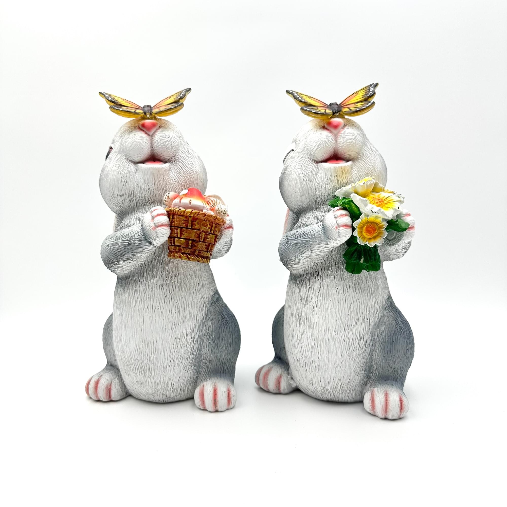 Cute Rabbit Figurine with Butterfly Nose, Solar LED Garden Statue Light, Resin Outdoor Decor