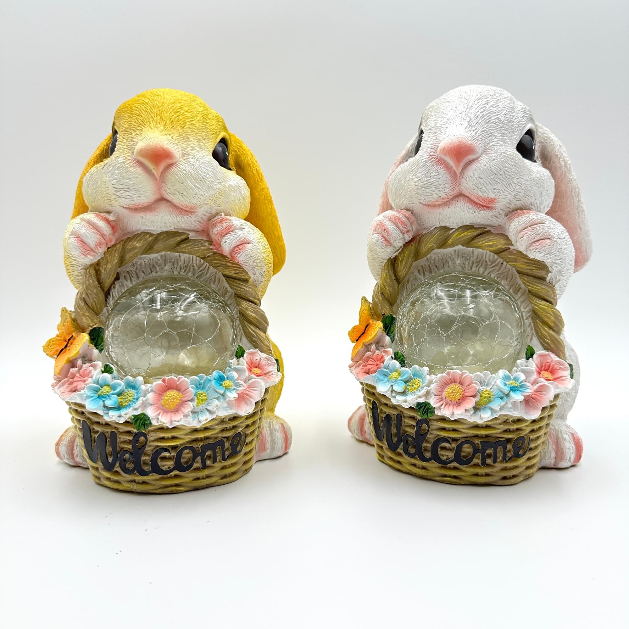 Solar Powered Rabbit Statue Holding Crystal Ball & Tulip, Resin Garden Sculpture, Outdoor Decor