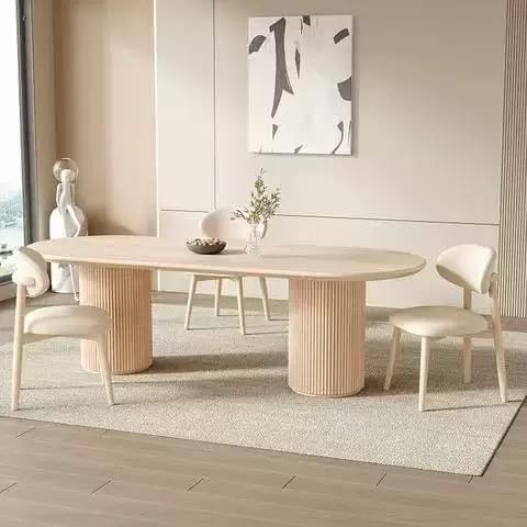 Modern Natural Wood Oval Dining Table with Fluted Cylinder Base, Multiple Wood Finishes Available