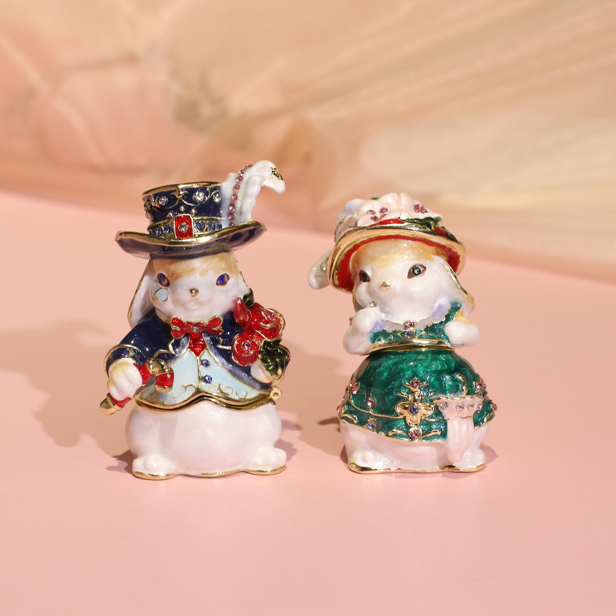 Enamel Rabbit Duke & Duchess Jewelry Box - Figurine Pair Ring Storage, Creative Gift