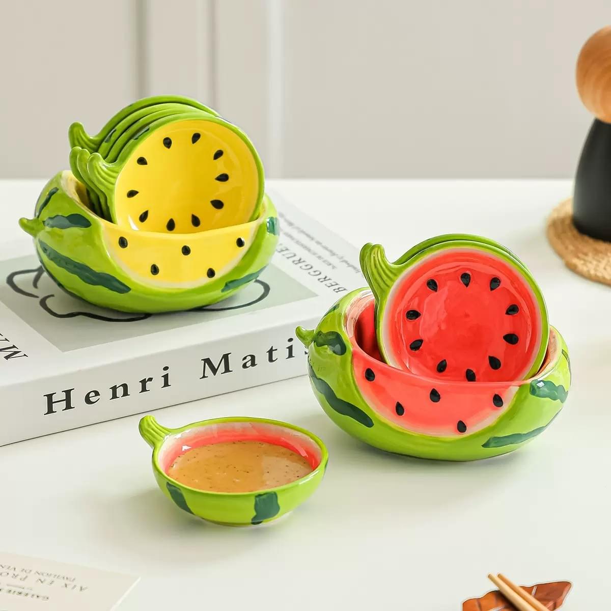Cute Watermelon Shape Ceramic Dipping Sauce Dish Set Detachable 2 Colors Red Yellow