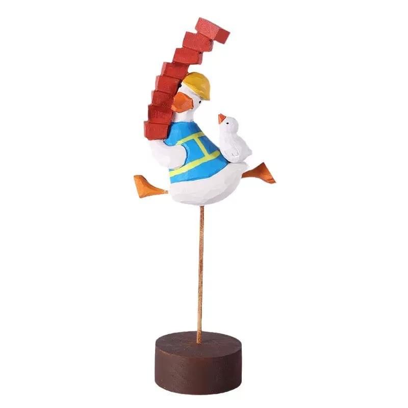 Handmade Solid Wood Construction Duck Figurine Cute Hand Painted Wooden Animal Decor Gift