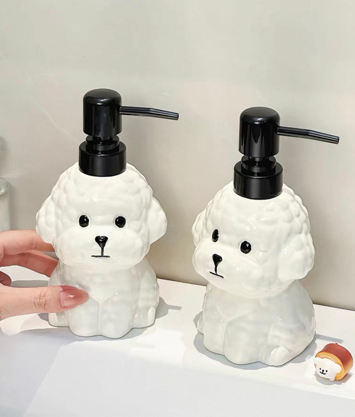 Cute Bichon Frise Ceramic Soap Dispenser, Puppy Shaped Hand Soap Bottle for Bathroom Decor