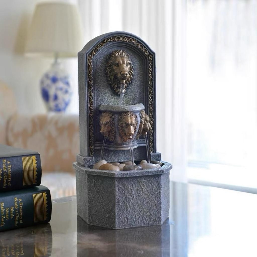 Lion Head Fortune Water Fountain, Small Desktop Decor for Living Room, Bedroom, Entrance, Reception