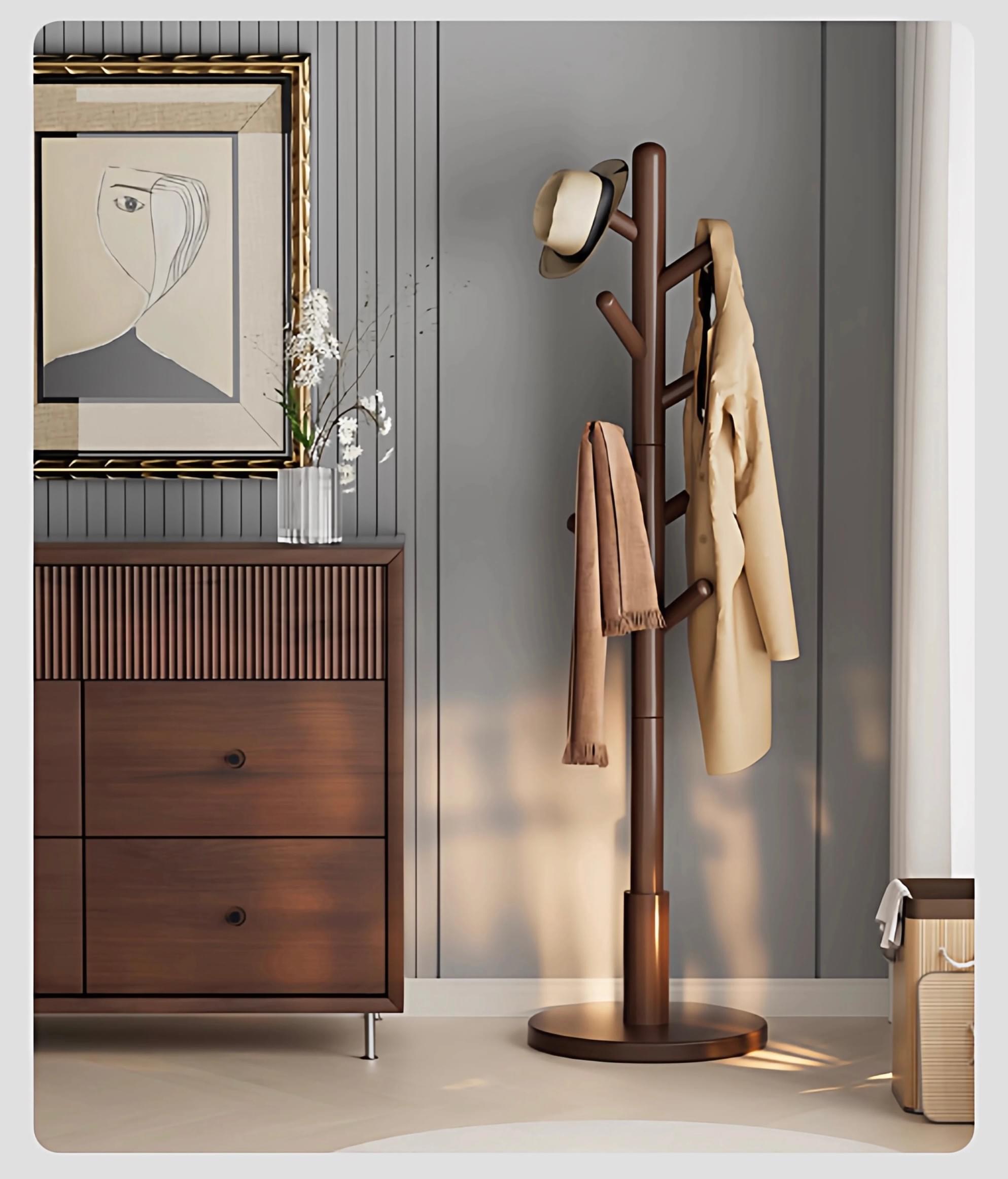 Minimalist Beech Wood Coat Rack, Water Drop/Ball Top Design, Freestanding Hanger for Bedroom