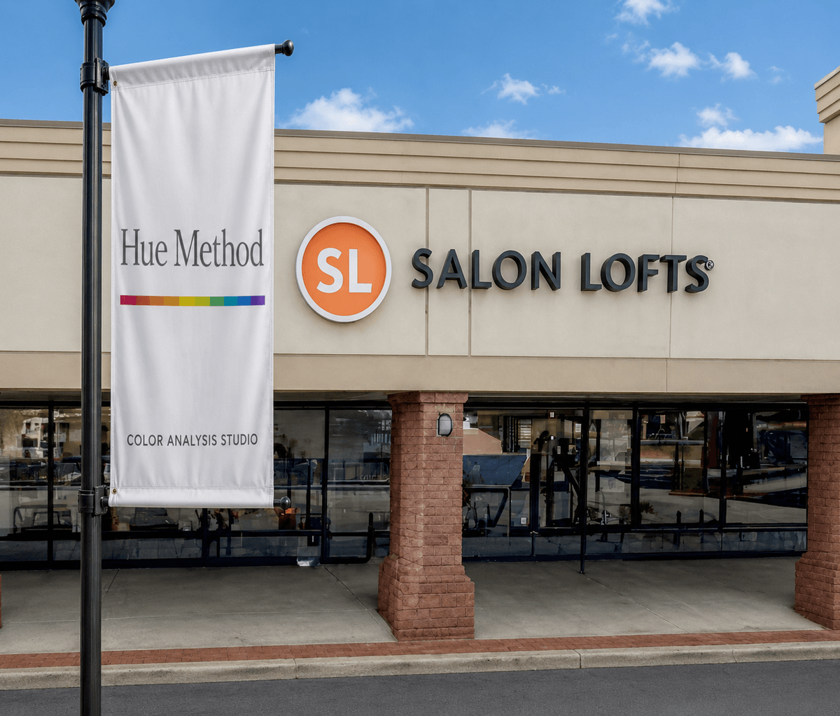 the Hue Method banner outside Salon Lofts in Hyde Park, Cincinnati
