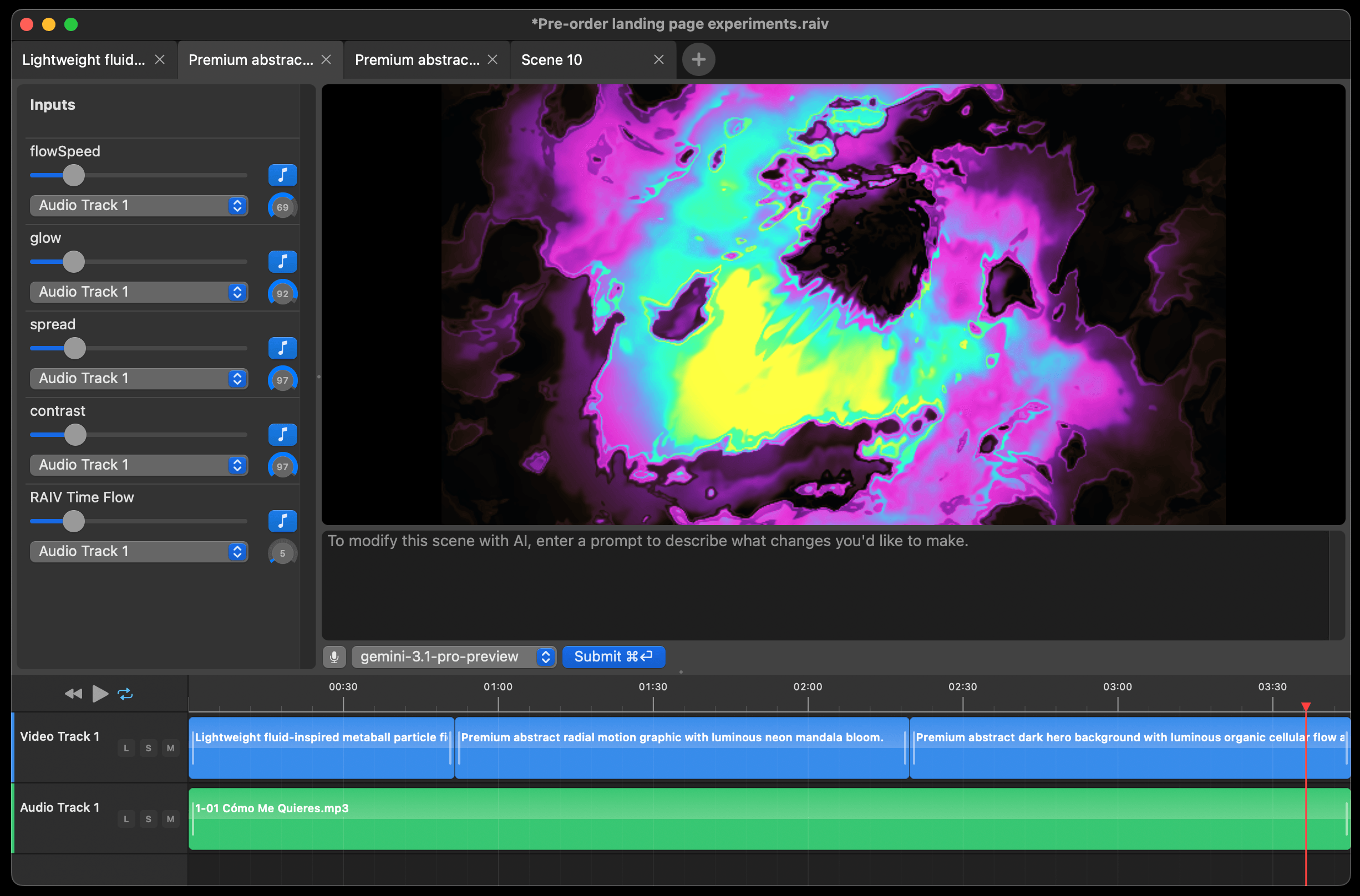 Screenshot of the RA/V Mac app showing generated motion graphics, editable parameters, prompt input, and timeline