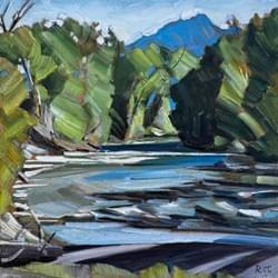 Big Lost River in June 6x6" oil, wax, and  vine charcoal on panel