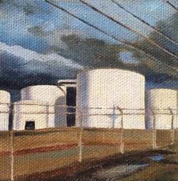 Intersection 19 (Tank Farm) 5.5x5.5" oil, wax, and  vine charcoal on linen