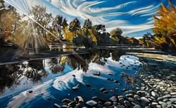 Quinn and Mac at the Boise River / Boise River at Willow Creek Lane, 36x58"  oil, wax, and charcoal on linen