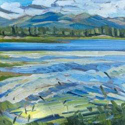 Cascade Lake West Shore 8x8" oil, wax, and  vine charcoal on panel