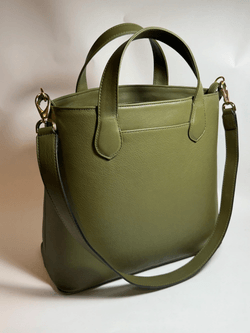 Olive green Italian leather structured tote bag with top handles and shoulder strap, minimalist luxury handbag, gold hardware, Made in Italy craftsmanship, wholesale leather bags