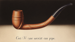 A realistic oil painting of a classic curved tobacco pipe floating centrally against a solid cream-colored background. The pipe features a polished brown wooden bowl with smooth gradients and a curved black stem. Below the pipe, centered in the lower third of the canvas, is the text "Ceci n'est pas une pipe" written in elegant, black, schoolbook-style cursive calligraphy. The art style is precise and clean, resembling a high-quality vintage commercial illustration or a trompe-l’œil study, with soft studio lighting and a smooth, matte finish.