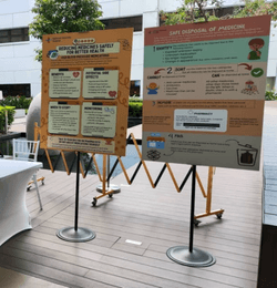 A0 Foam-core posters clamped on pole & Base Poster Stands 