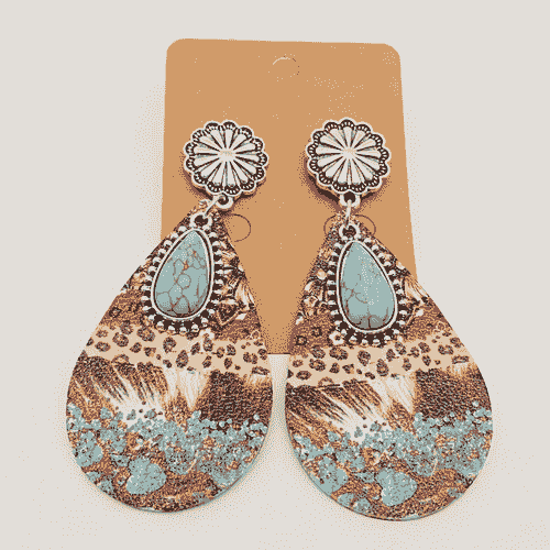 Western Drop-Shape Leather Turquoise Pendant Earrings - brn/turq