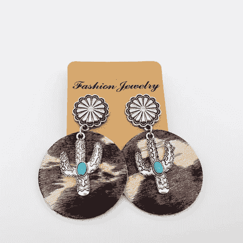 Western Style Cactus Animal Skin Double Charm Earrings - Brown