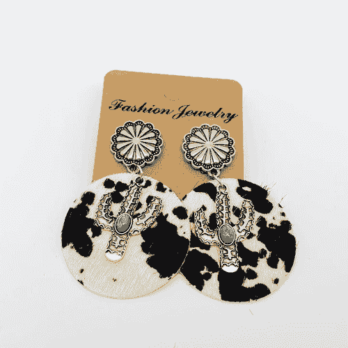 Western Style Cactus Animal Skin Double Charm Earrings - White/Blace