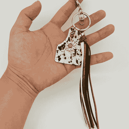 Western Style Geometric Cowhide Keychain-White and black