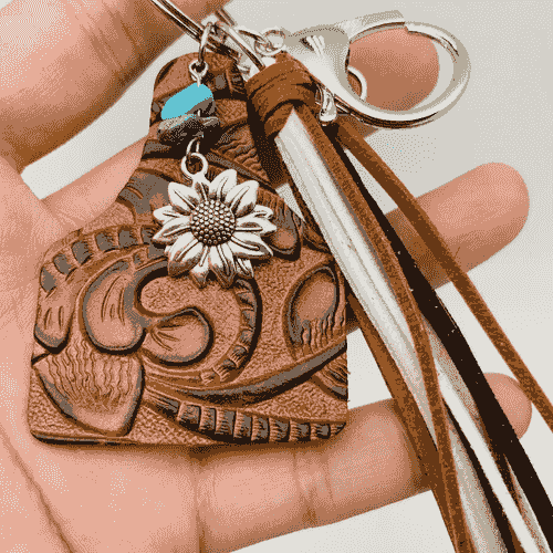 Western Style Geometric Cowhide Keychain-Leather