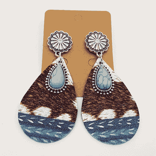 Western Drop-Shape Leather Turquoise Pendant Earrings - Wj