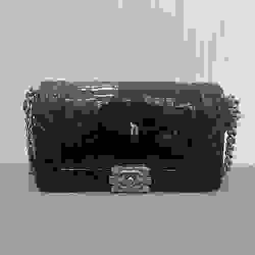 CHANEL Black & Silver Patent Leather Le Boy Bag