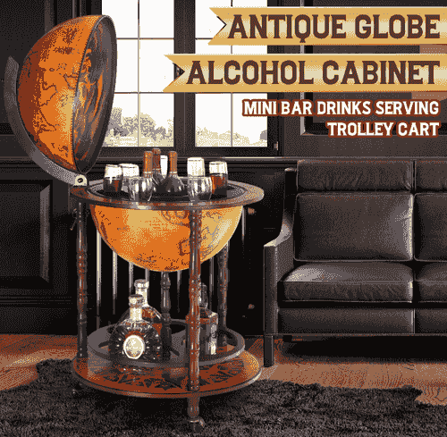 Antique Globe Alcohol Cabinet Bar Cart Drinks Wine Serving Trolley Bottle Organiser Mini Stand