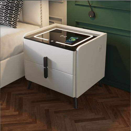 2 Drawers Smart Bedside Table with Wireless Charging Adjustable LED Lights Glass Top Nightstand
