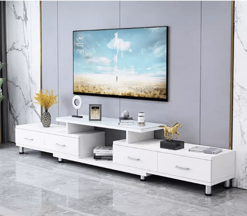 TV Unit Cabinet Stand Extendable Entertainment Console Side Table Storage Living Glass Top White