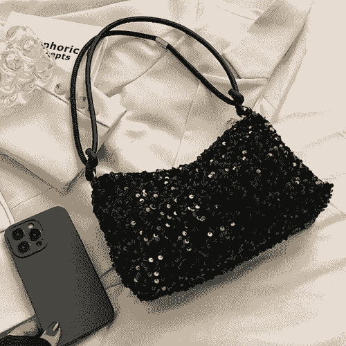 Black Sequin Smooth Zipper Shoulder Bag