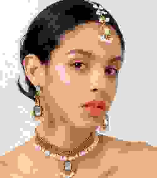 4pcs Bollywood Style Gold Square Necklace Set (white, green)