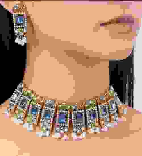 Aquamarine Gemstone Collar Necklace With Tassel Earrings 3pcs/Set