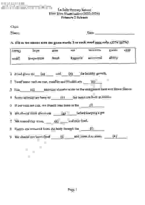 喇沙小學 La Salle Primary School -P2-2023-2024-二年級第一學期考試試卷試題-科學-Science-英文版-共7頁