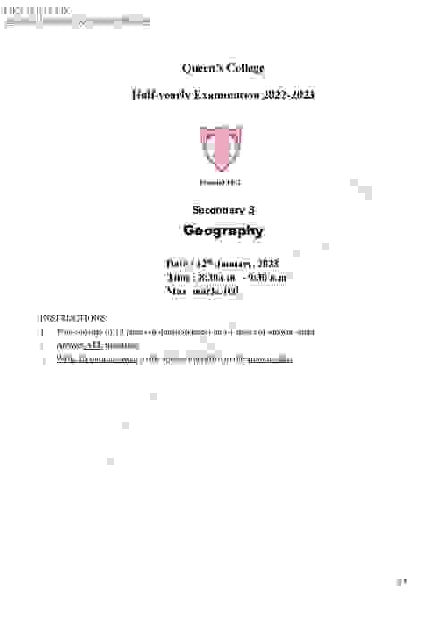 皇仁書院 - Queen's College - 2022-2023 - S3 - 中三 - 上學期 -地理-Geography -考試試題試卷及答案-共18頁