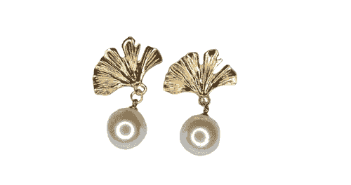 Gold Ginkgo Leaf Earrings with Grey Pearl Drops, 3.8cm Length-Item#319B