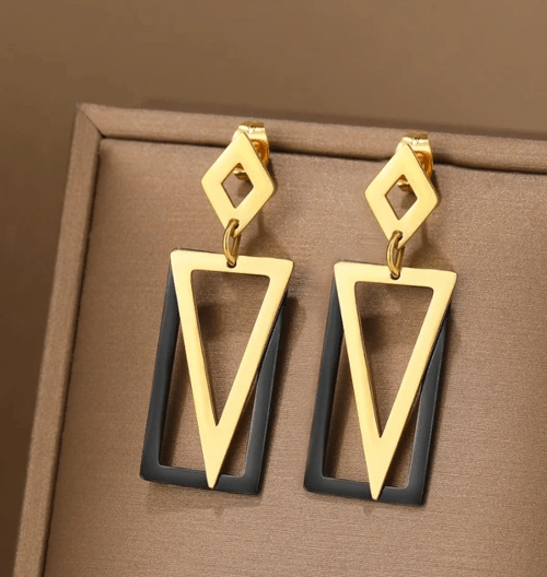 Black Rectangle Inverted Triangle Dangle Earrings