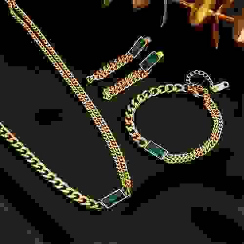 QYS0012 Gold plated chain with diamonds, rectangular green diamond stainless steel jewelry set