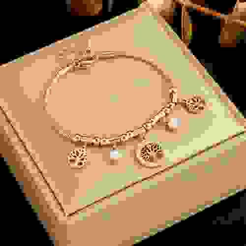 QYB0007 Retro style diamond encrusted hollow life-tree pendant stainless steel bracelet