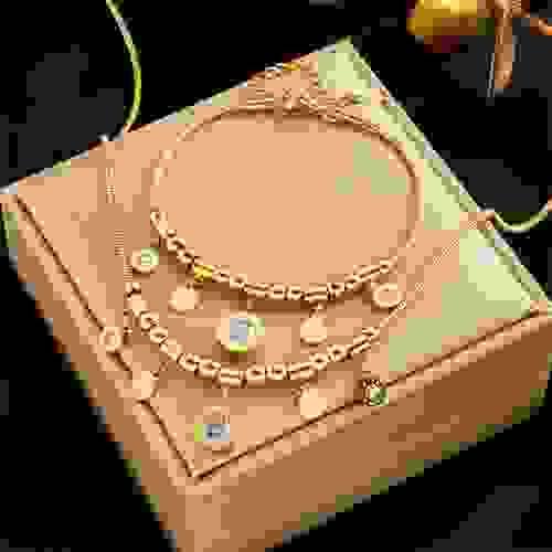 QYS0004 Zircon jewelry bracelet, necklace, round plate pendant, stainless steel accessories set