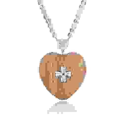 Red oak and White Crystal Heart Wood Necklace