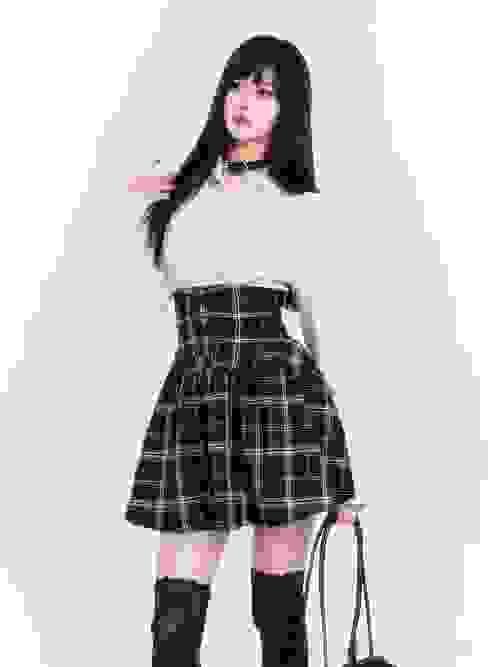VOCK  Japanese Dark Style Plaid Suspender Skirt