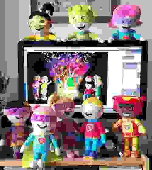 SET OF 8  LITTLE SUPEHERO EMPOWERMENT PLAY THERAPY DOLLS  WITH PLUSH STORY SACK