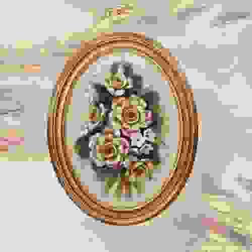 Beautiful Handmade Capodimonte Style Porcelain Flower Bouquet in Oval Frame Wall