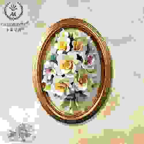 Beautiful Handmade Capodimonte Style Porcelain Flower Bouquet in Oval Frame Wall