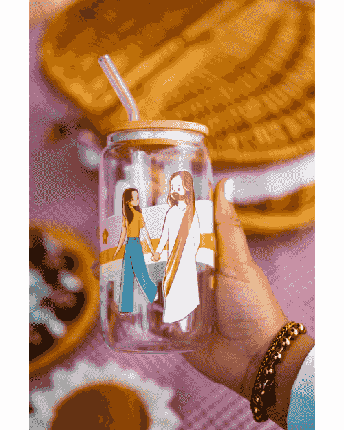 Vaso de cristal “Caminando con Jesús” – 16 oz