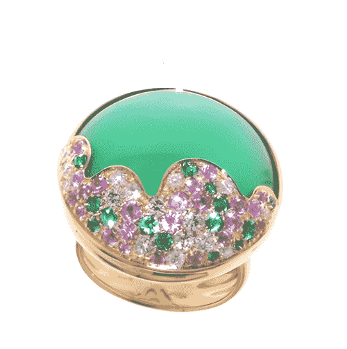 18k Yellow Gold Green Agate Pink Sapphire and Tsavorite Ring