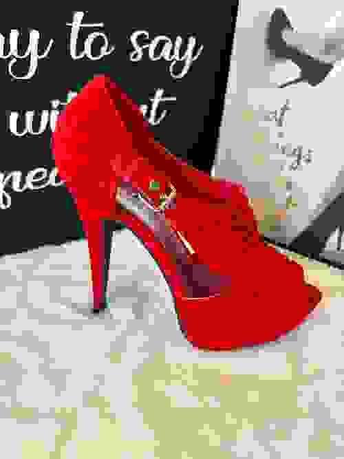 Red ruched heels with buckle